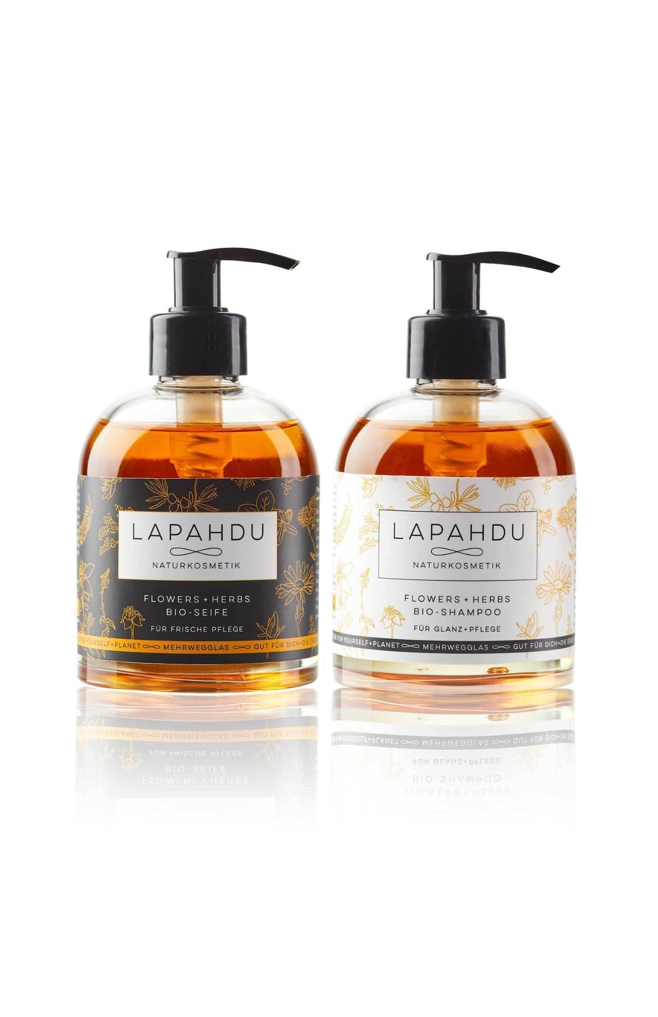 Lapahdu Naturkosmetik
Flowers + Herbs Bio Shampoo und Flüssigseife im Sparset, in je 250 ml Pfand Glasflasche