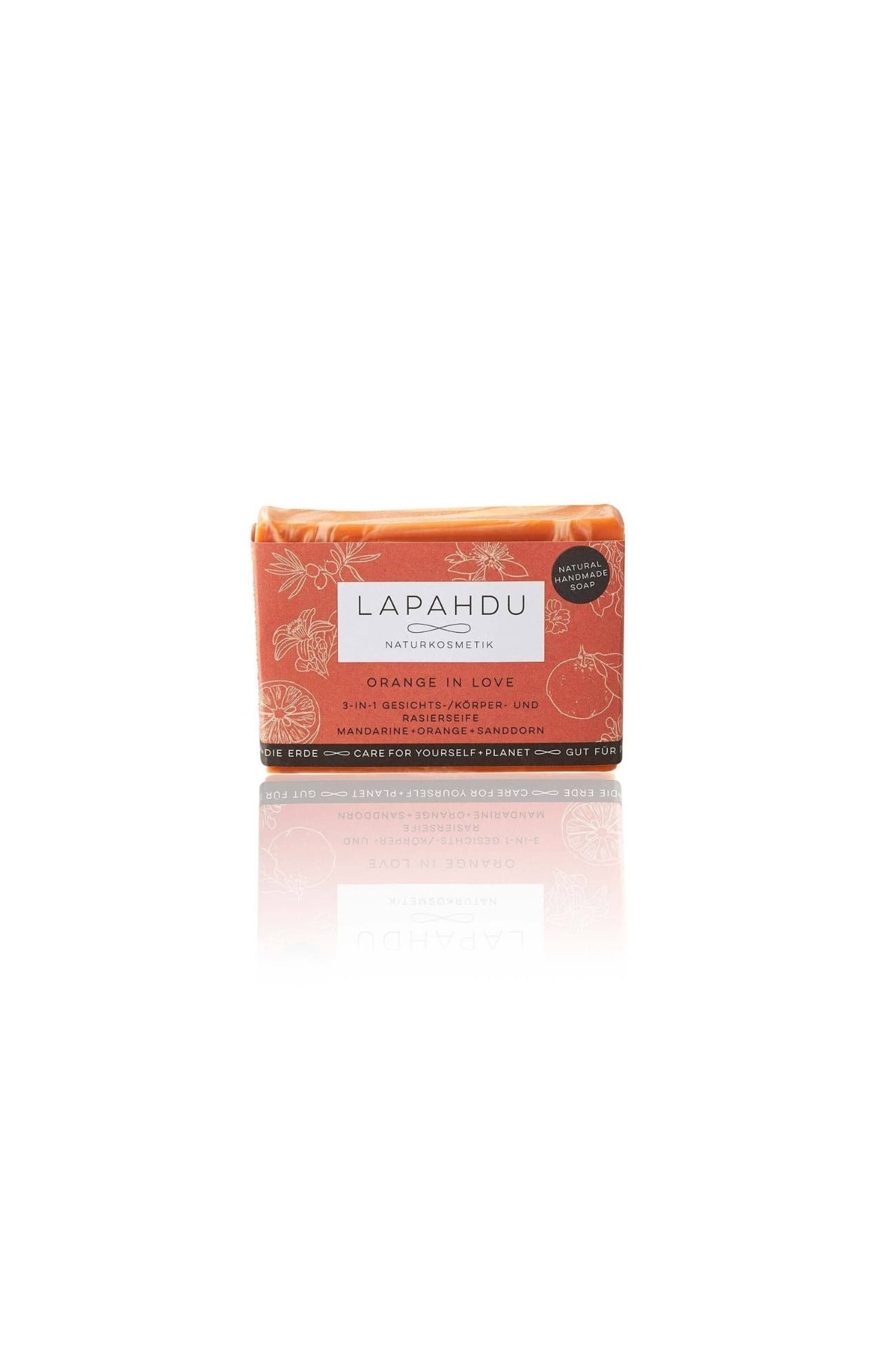 LAPAHDU Naturkosmetik Naturseife mit Orange + Sanddorn Vegane Creme Seife für Gesicht Körper + Rasur Zero Waste 100 g