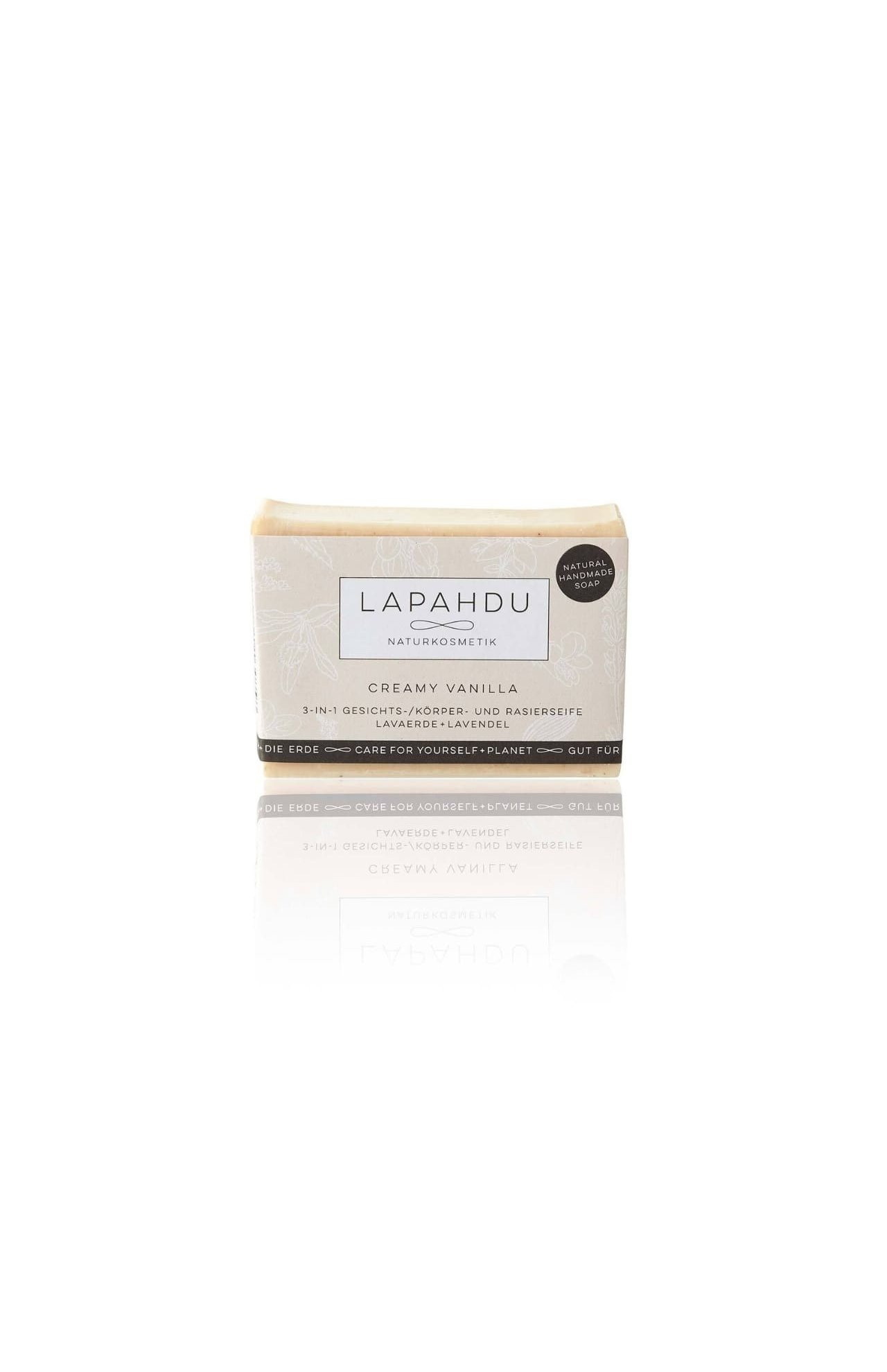 LAPAHDU Naturkosmetik Naturseife mit Vanille + Lavendel Vegane Creme Seife für Gesicht Körper + Rasur Zero Waste 100 g