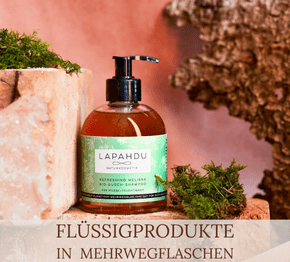 Bio Duschgel und Shampoo in der Mehrweg Glasflasche von Lapahdu Naturkosmetik
